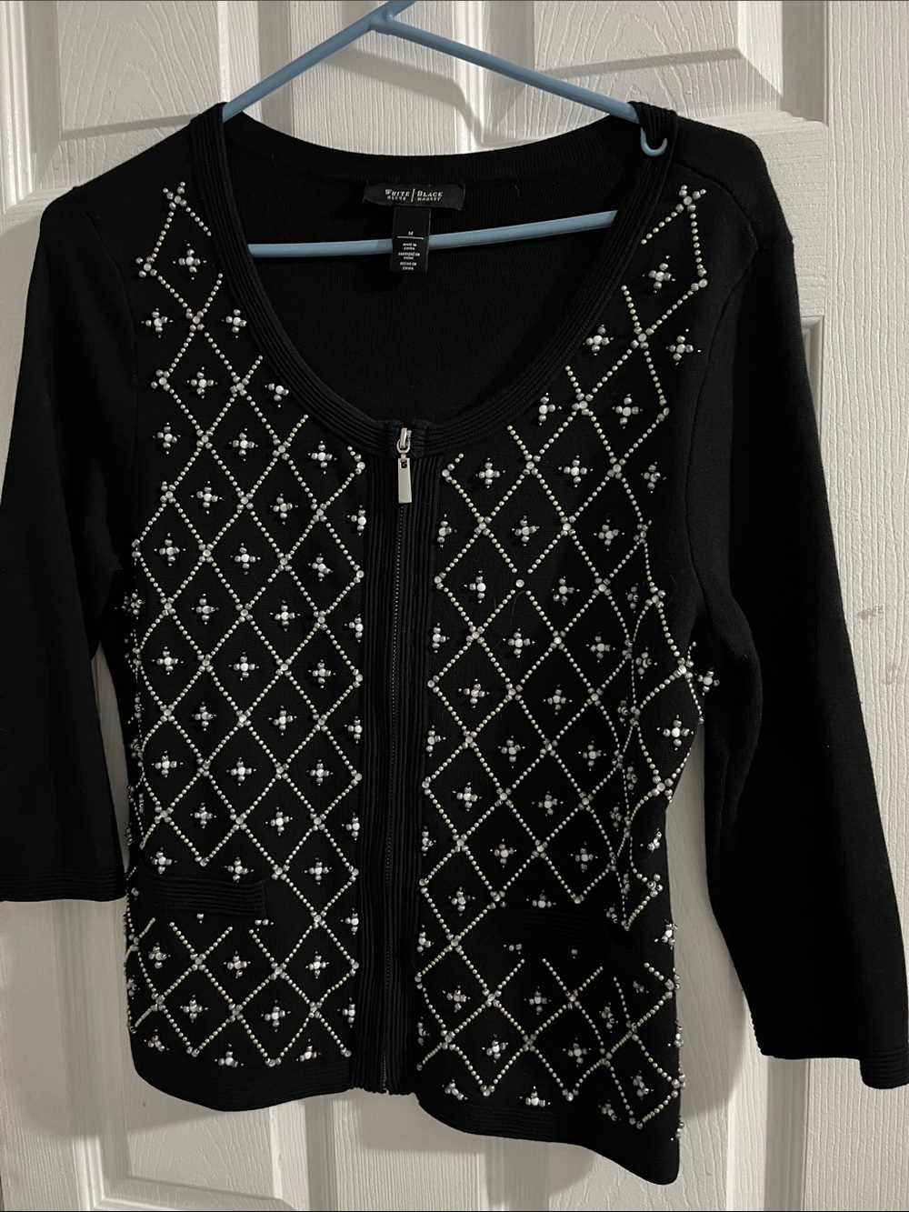 White House Black Market Black Zip-Front Sweater with Beaded Lattice